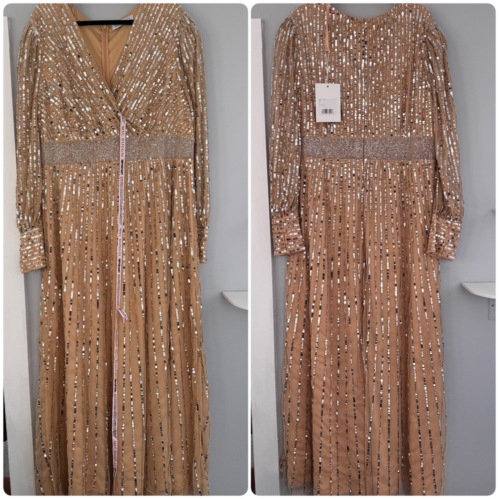 MAC DUGGAL 22 Beige Sequined Wrap Over Bishop Sleeve Gown - Picture 4 of 14